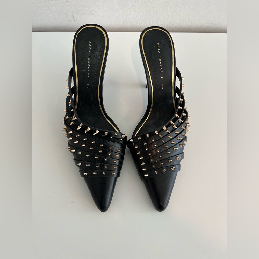 Zara Black Studded Kitten Heel Pointed Toe Mules, Size 40